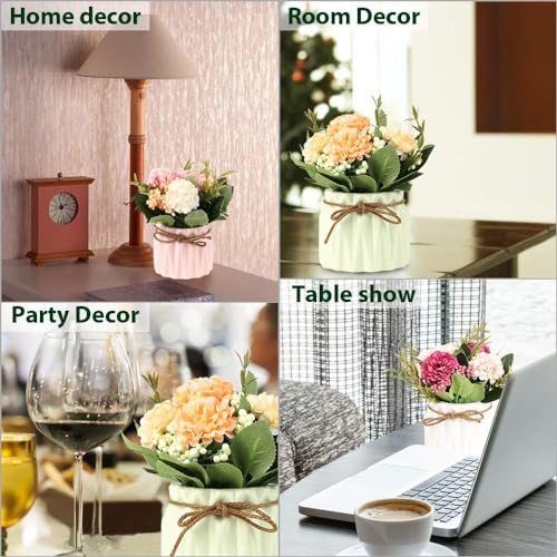 HOME ELEMENTS Artificial Flower with Ceramic Vase for Home Decor Hydrangea Bouquet Fake Flower Arrangements for Living Room Tabletop Showpiece Bedroom Office Desk Artificial Flower Plants (Green) - Image 3