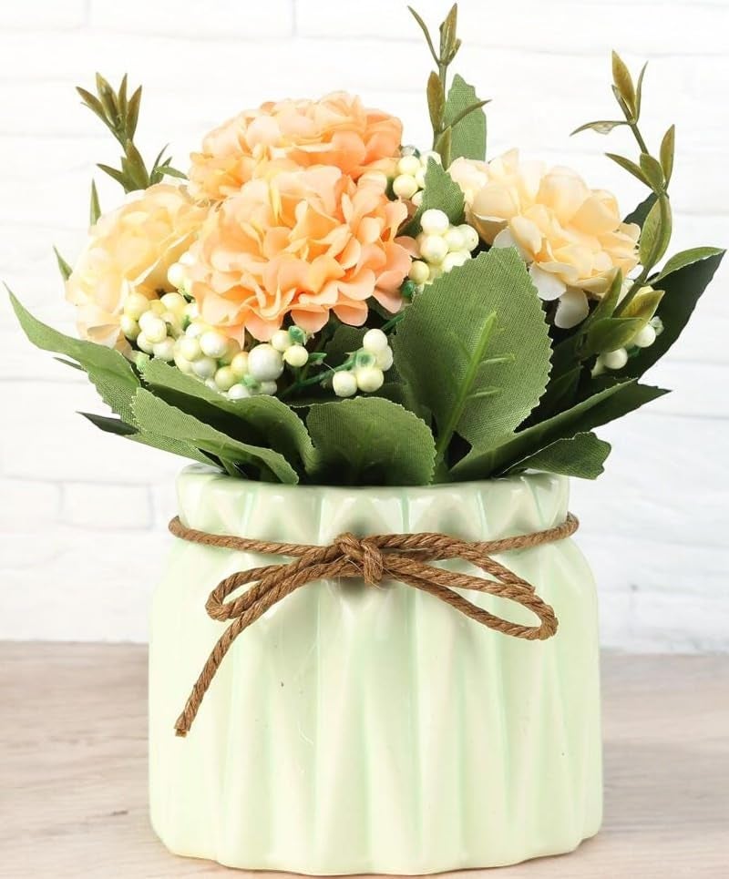 HOME ELEMENTS Artificial Flower with Ceramic Vase for Home Decor Hydrangea Bouquet Fake Flower Arrangements for Living Room Tabletop Showpiece Bedroom Office Desk Artificial Flower Plants (Green) - Image 1