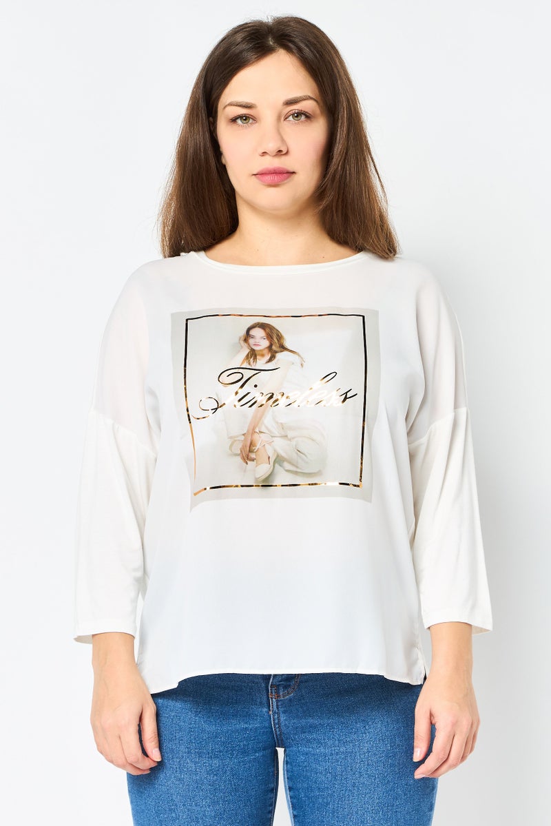 VERO MODA Women Crew Neck 3/4 Sleeve Graphic Print T-Shirt, White - Image 1