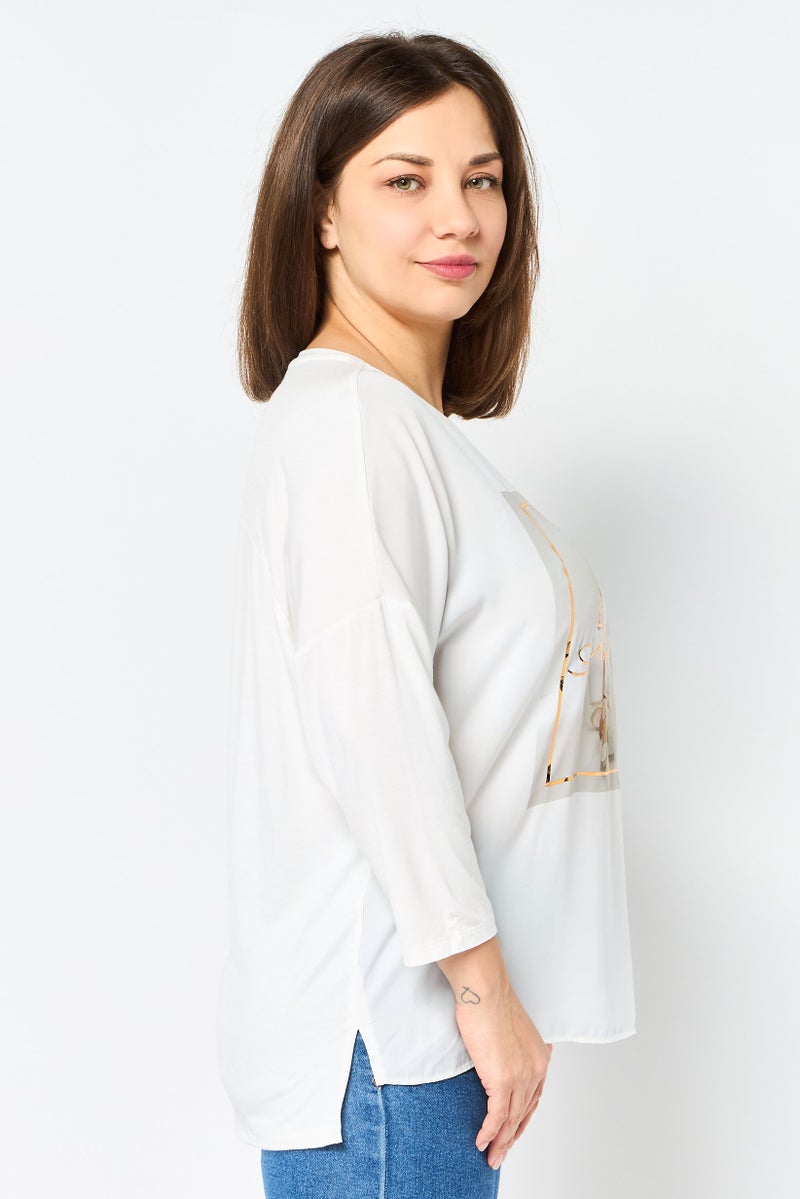 VERO MODA Women Crew Neck 3/4 Sleeve Graphic Print T-Shirt, White - Image 3