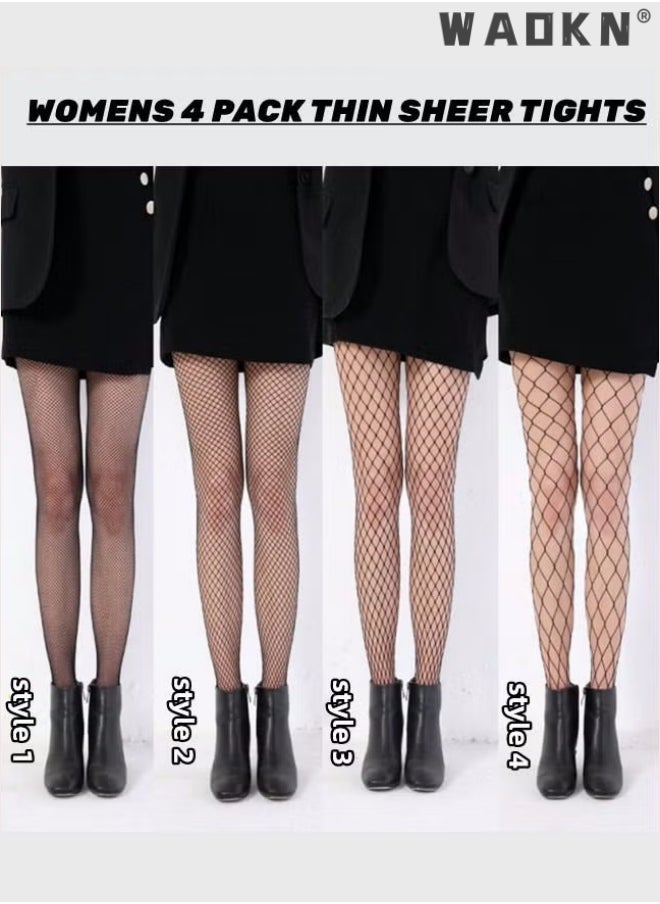 WAOKN - Women 4 Pairs Thin Tights High Waist Sheer Leggings Hold-up Stockings  Lingerie Fishnet Silk Stockings Women's Thigh High Stockings Lace Sheer Silky Tights Silicone Stay Up Nylon Pantyhose - Image 1