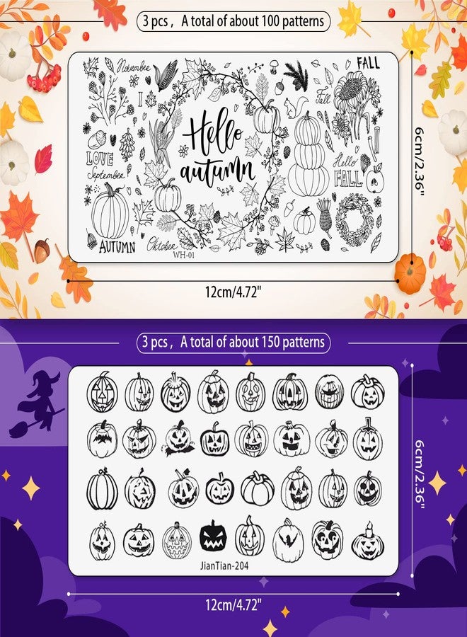 Whaline Fall Halloween Nail Art Stamping Plate Kit Autumn Pumpkin Ghost Plaid Design Nail Art Set for Fall Thanksgiving Halloween DIY Print Manicure Salon,Set of 6 - Image 2