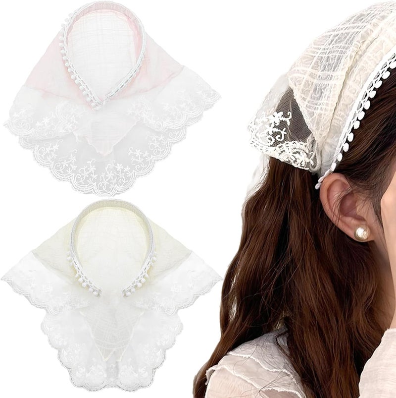 2 Pack Lace Hair Scarf Headband for Women - Boho Triangle Bandana Turban - Image 1
