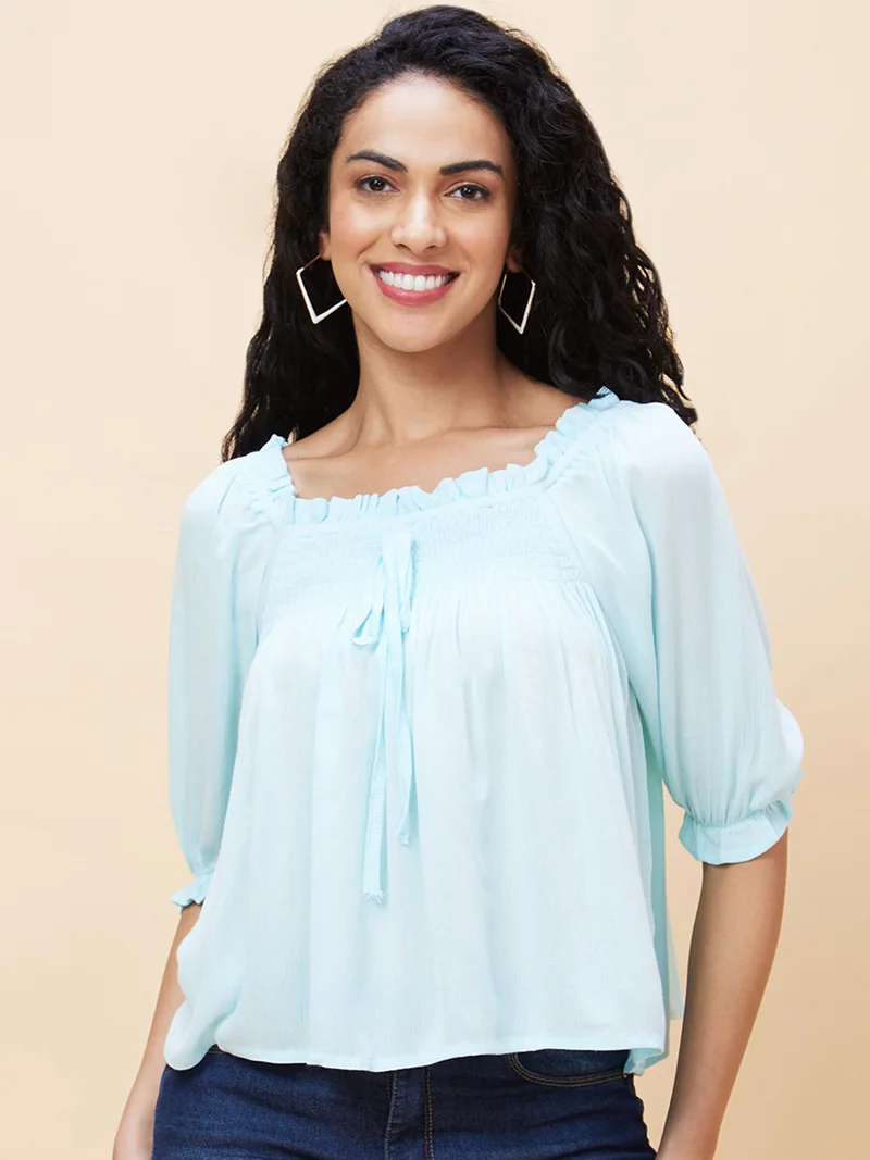 globus Women Square Neck Puffed Sleeves Smocked Top