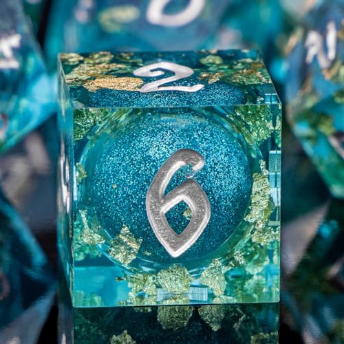 ARUOHHA Liquid Core DND Dice Set 7pcs Resin Sharp Edged Dragons Dice RPG Role Playing Games Silver Numbers Blue Dungeons Polyhedral Dice with Gift Box D20 D12 D10 D8 D6 D4 - Image 1