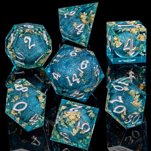 ARUOHHA Liquid Core DND Dice Set 7pcs Resin Sharp Edged Dragons Dice RPG Role Playing Games Silver Numbers Blue Dungeons Polyhedral Dice with Gift Box D20 D12 D10 D8 D6 D4 - Image 5