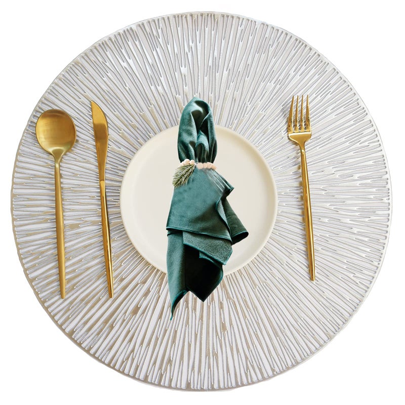 Utalek Round Placemats for Dining Table Set of 4 Hollow Out Easy to Clean Table Mats Heat Resistant Wipeable Washable NonSlip Placemats for Dining Kitchen Table Decorations Wedding Silver