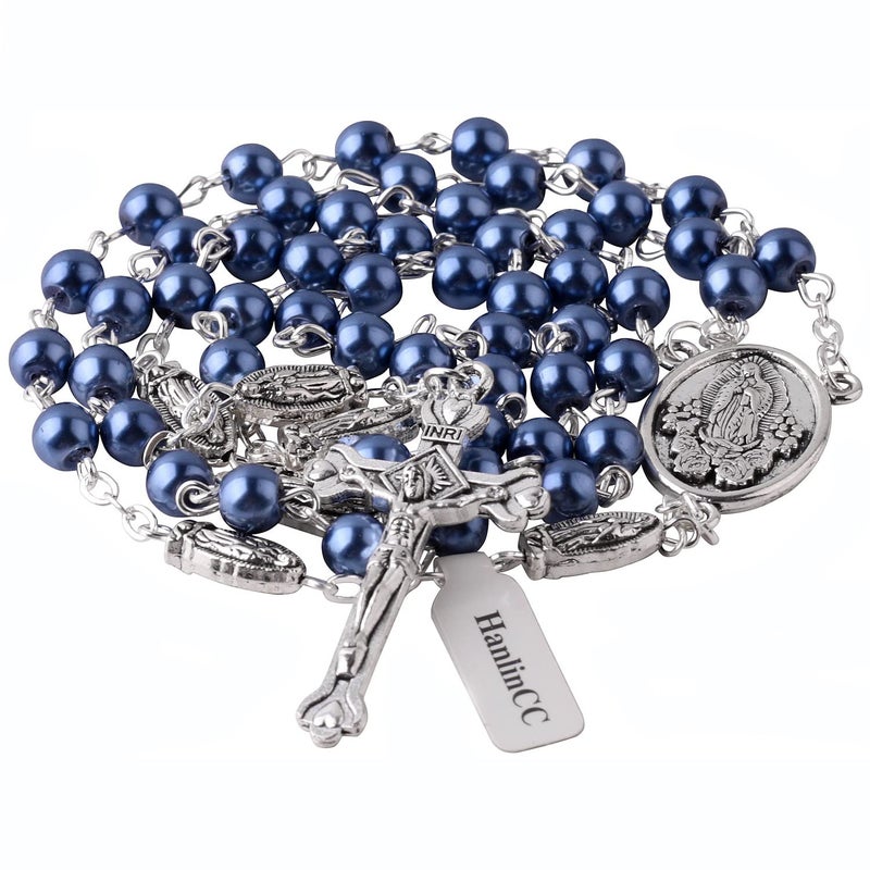 HanlinCC 6mm Glass Pearl Beads Catholic Our Lady of Guadalupe Rosary Necklace for Women and Men with Metal Gift Box (Guadalupe Rosary Blue, Zinc Alloy) - Image 2