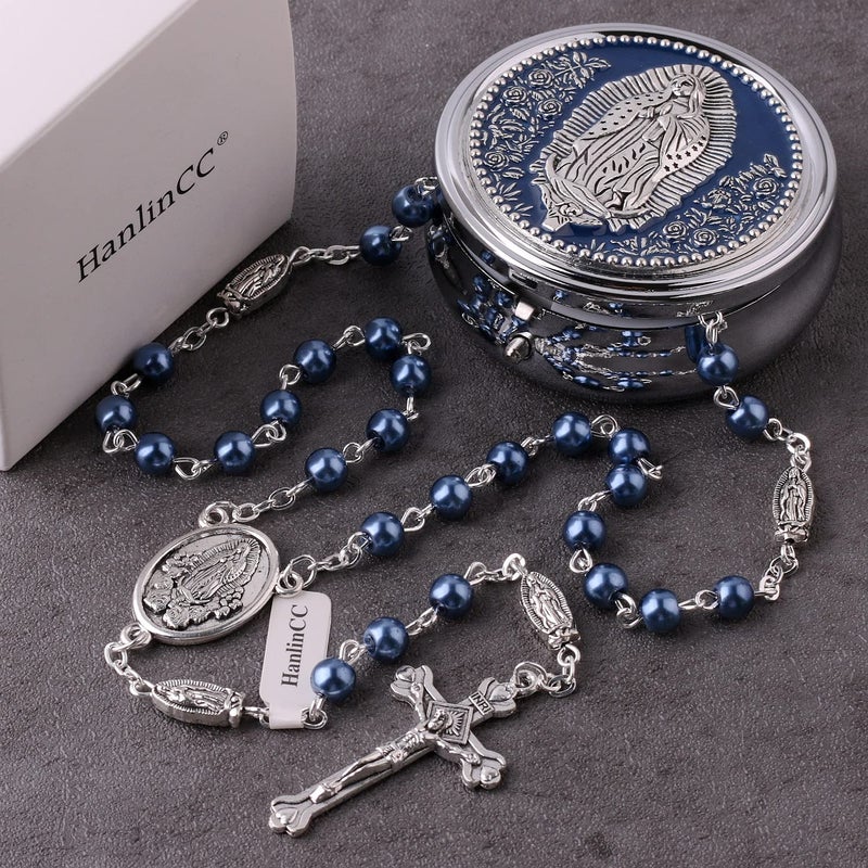HanlinCC 6mm Glass Pearl Beads Catholic Our Lady of Guadalupe Rosary Necklace for Women and Men with Metal Gift Box (Guadalupe Rosary Blue, Zinc Alloy) - Image 4