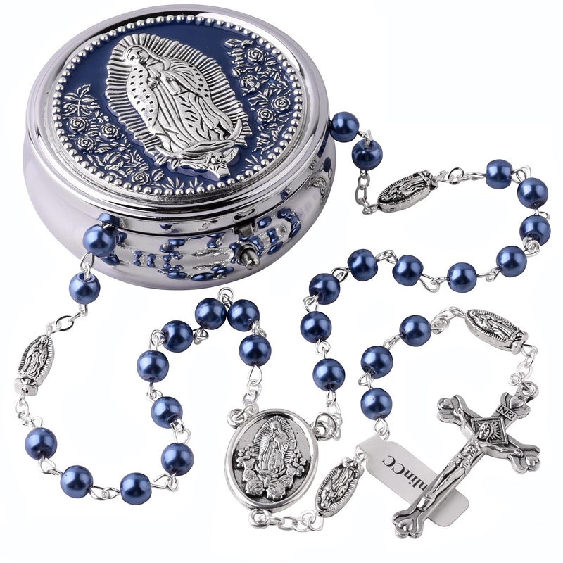 HanlinCC 6mm Glass Pearl Beads Catholic Our Lady of Guadalupe Rosary Necklace for Women and Men with Metal Gift Box (Guadalupe Rosary Blue, Zinc Alloy) - Image 1