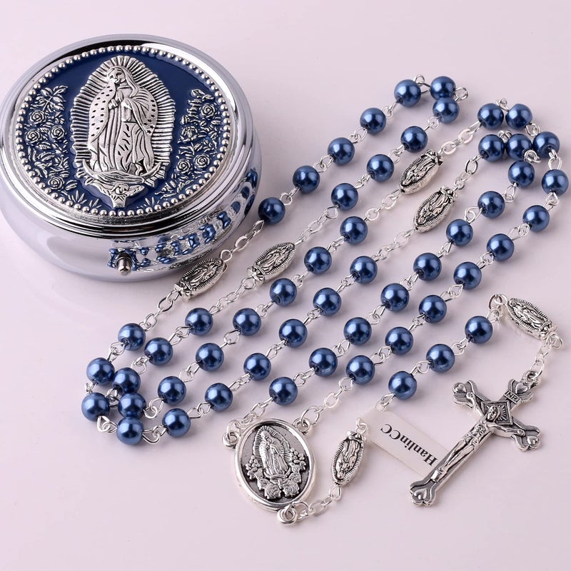 HanlinCC 6mm Glass Pearl Beads Catholic Our Lady of Guadalupe Rosary Necklace for Women and Men with Metal Gift Box (Guadalupe Rosary Blue, Zinc Alloy) - Image 5