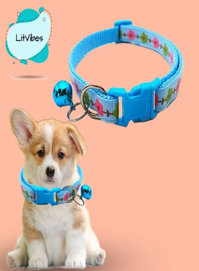 Litvibes Cat & Puppy Collar with Bell,Kitten & Small Dogs Soft Adjustable,Safe,Solid & Protective Breakaway for Cats & Puppies,Cute Kitty Neckband with Flower Print-(Blue) - Image 3