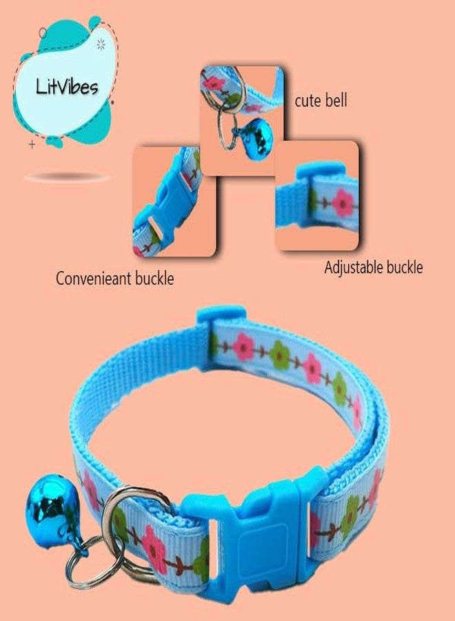 Litvibes Cat & Puppy Collar with Bell,Kitten & Small Dogs Soft Adjustable,Safe,Solid & Protective Breakaway for Cats & Puppies,Cute Kitty Neckband with Flower Print-(Blue) - Image 2
