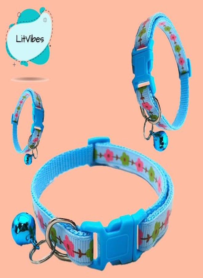 Litvibes Cat & Puppy Collar with Bell,Kitten & Small Dogs Soft Adjustable,Safe,Solid & Protective Breakaway for Cats & Puppies,Cute Kitty Neckband with Flower Print-(Blue) - Image 4