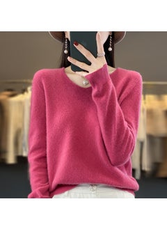 Pure Color 100% Wool Autumn/winter Cropped V-neck Pullover Sweater Base Layer Top Raspberry color