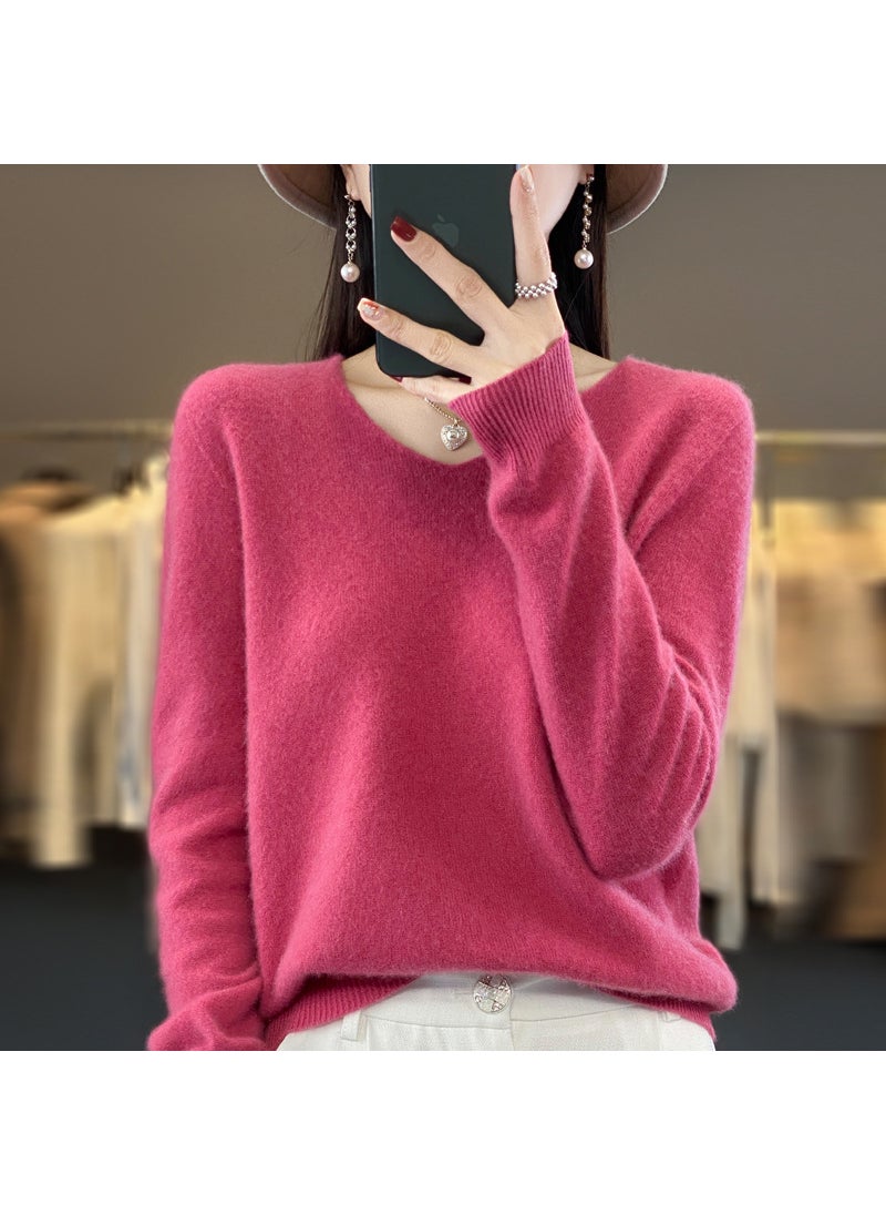 Generic - Pure Color 100% Wool Autumn/winter Cropped V-neck Pullover Sweater Base Layer Top Raspberry color - Image 1