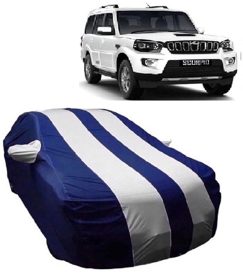 Carigiri White And Navy Blue Car Body Cover For Mahindra Scorpio(Triple Stitched,Mirror Pockets,UV Resistant,Dustproof)(Models-2004, 2005, 2006, 2007, 2008, 2009, 2010, 2011, 2012, 2013, 2014, 2015, 2016, 2017, 2018, 2019, 2020, 2021,2022) - Image 1
