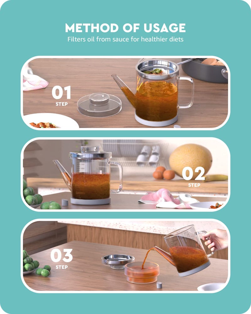 Baffect Glass Fat Separator, Bacon Grease Container with Strainer, Frying Oil Storage Can for Cooking (1L /4 Cups) - Image 4