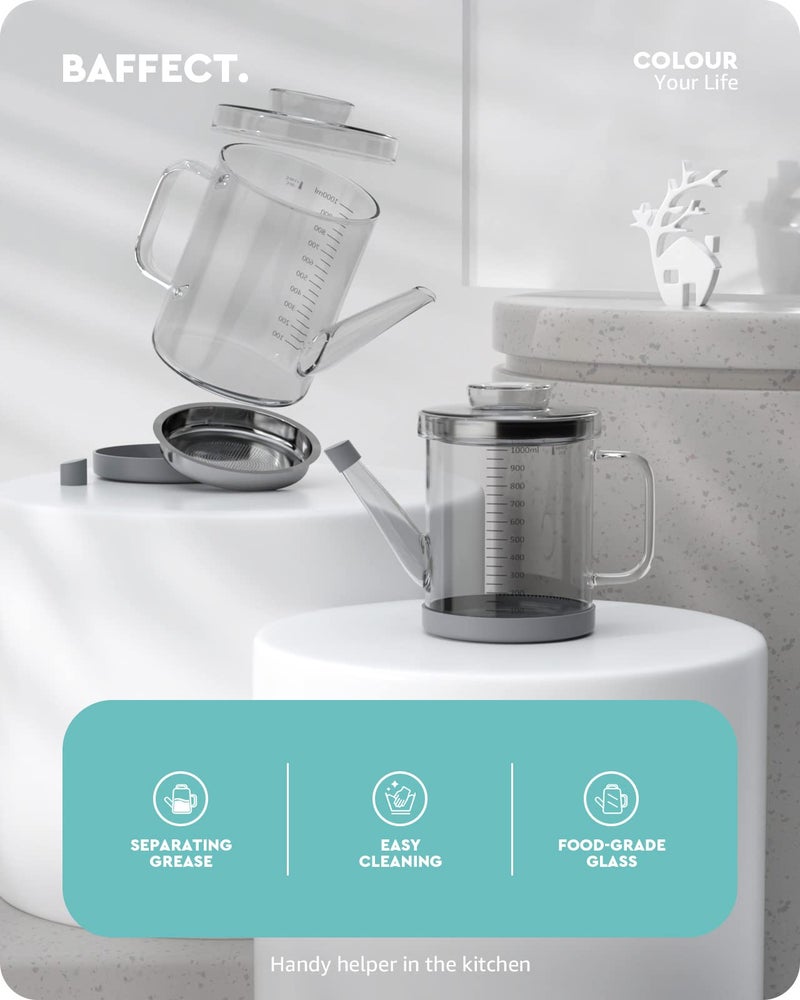 Baffect Glass Fat Separator, Bacon Grease Container with Strainer, Frying Oil Storage Can for Cooking (1L /4 Cups) - Image 2