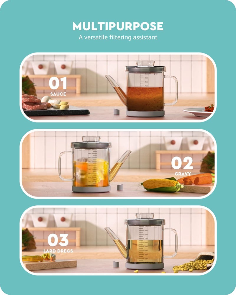 Baffect Glass Fat Separator, Bacon Grease Container with Strainer, Frying Oil Storage Can for Cooking (1L /4 Cups) - Image 5