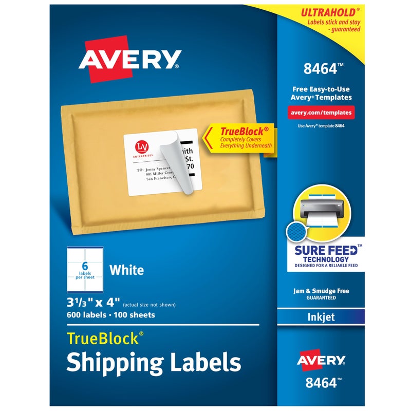 Avery Printable Shipping Labels Sure Feed Technology 313 x 4 White 600 Blank Mailing Labels 8464