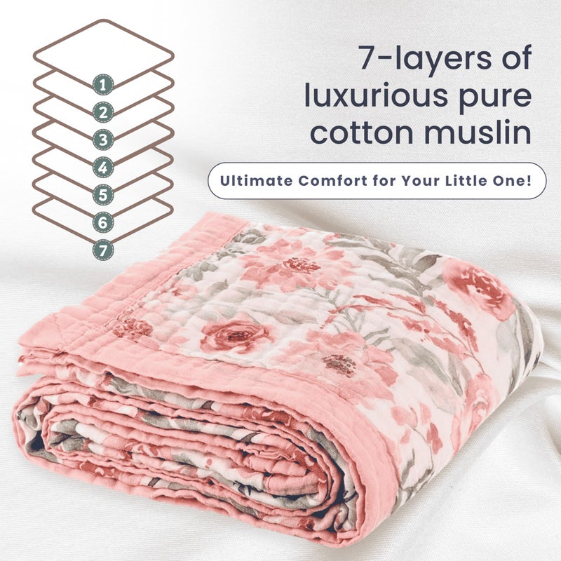 Max&So 100% Cotton Muslin Baby Blanket - Large Reversible Receiving Blankets for Baby Girls, Soft & Lightweight, Perfect Muslin for Newborns, Infants & Toddlers, 7 Layers Design, Machine Washable, Pink - Image 3
