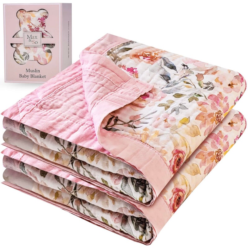 Max&So 100% Cotton Muslin Baby Blanket - Large Reversible Receiving Blankets for Baby Girls, Soft & Lightweight, Perfect Muslin for Newborns, Infants & Toddlers, 7 Layers Design, Machine Washable, Pink - Image 1