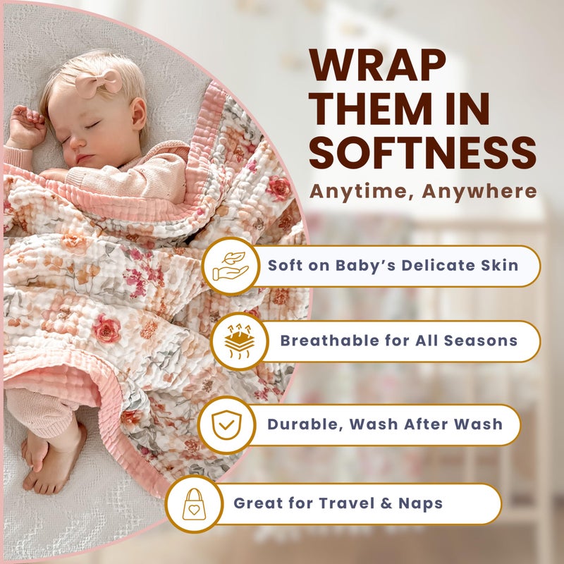 Max&So 100% Cotton Muslin Baby Blanket - Large Reversible Receiving Blankets for Baby Girls, Soft & Lightweight, Perfect Muslin for Newborns, Infants & Toddlers, 7 Layers Design, Machine Washable, Pink - Image 2