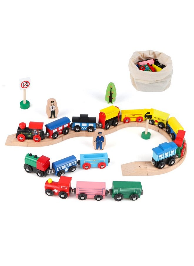 Joqutoys - 31 Pcs Wooden Train Cars Magnetic Train Set Includes 15 Cars 10 Bonus Connectors & Storage Bag Wooden Train Set Toy Train For Kids Toddlers Compatible With Major Brands Train Tracks Set - Image 1