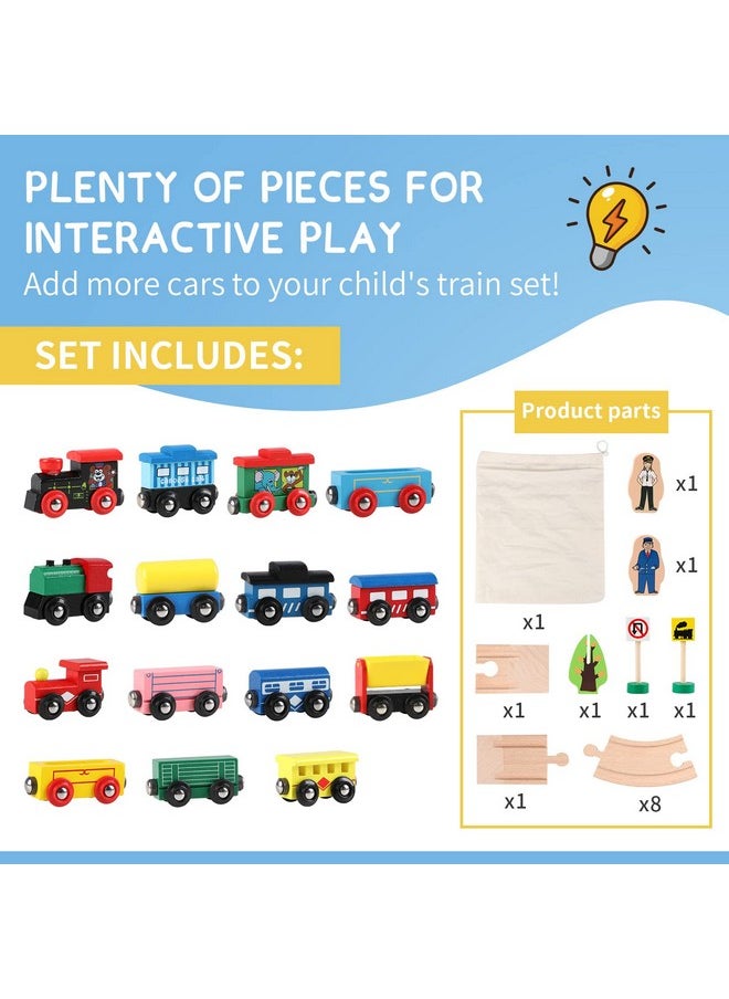 Joqutoys - 31 Pcs Wooden Train Cars Magnetic Train Set Includes 15 Cars 10 Bonus Connectors & Storage Bag Wooden Train Set Toy Train For Kids Toddlers Compatible With Major Brands Train Tracks Set - Image 1