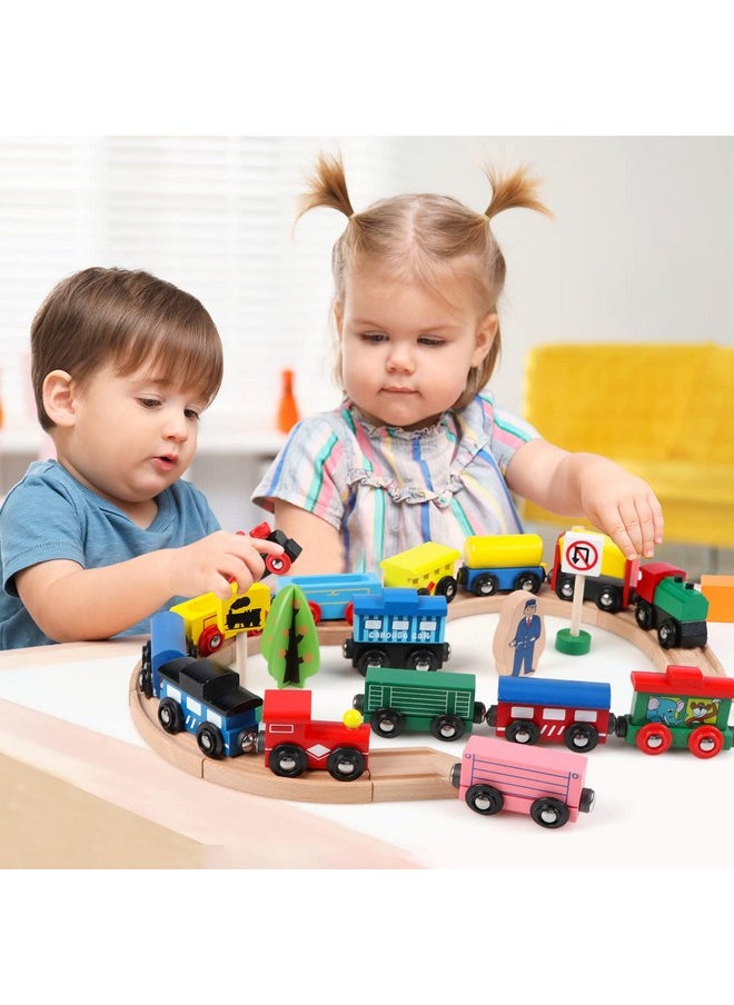 Joqutoys - 31 Pcs Wooden Train Cars Magnetic Train Set Includes 15 Cars 10 Bonus Connectors & Storage Bag Wooden Train Set Toy Train For Kids Toddlers Compatible With Major Brands Train Tracks Set - Image 1