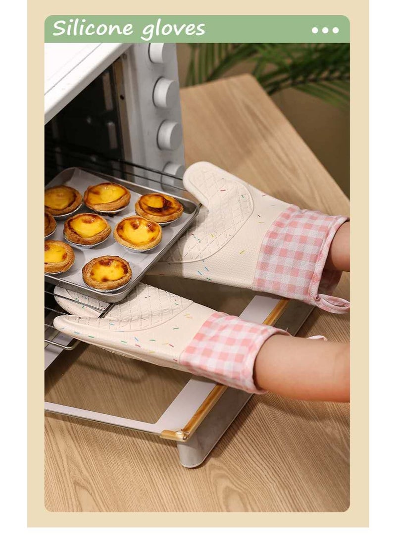 Microwave oven cotton silicone anti-scalding gloves baking oven silicone heat insulation gloves thickened kitchen baking special high temperature resistant anti-slip oven gloves - pink plaid (two) - Image 2