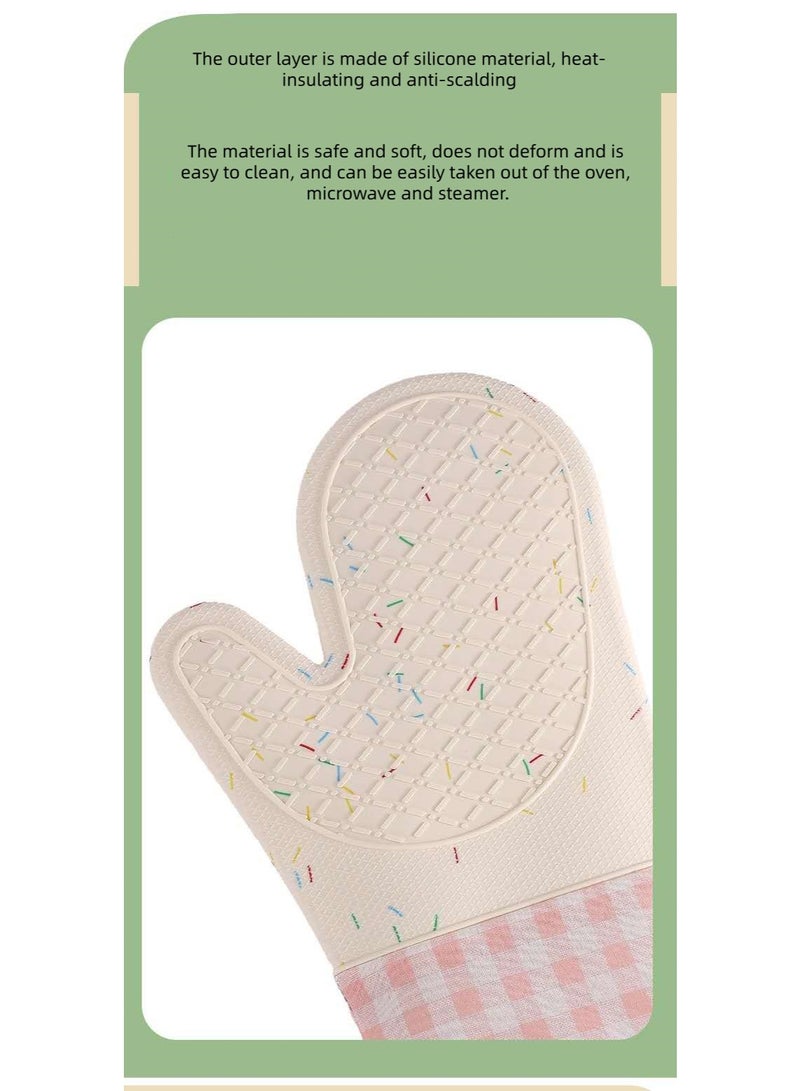 Microwave oven cotton silicone anti-scalding gloves baking oven silicone heat insulation gloves thickened kitchen baking special high temperature resistant anti-slip oven gloves - pink plaid (two) - Image 3