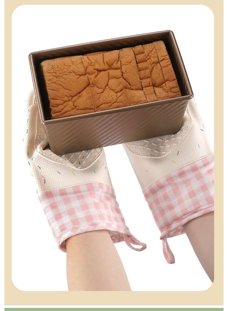 Microwave oven cotton silicone anti-scalding gloves baking oven silicone heat insulation gloves thickened kitchen baking special high temperature resistant anti-slip oven gloves - pink plaid (two) - Image 5