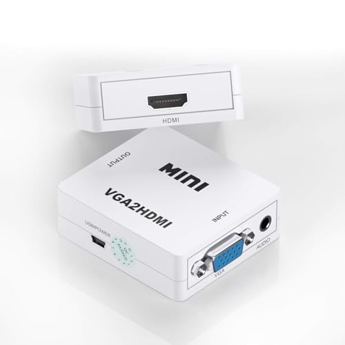 PremiumAV VGA to HDMI Converter Box with Audio – Mini 1080P HD VGA2HDMI Adapter with 3.5mm Jack and USB Power for PC, Laptop, Monitor, Projector, HDTV Display (White) - Image 1