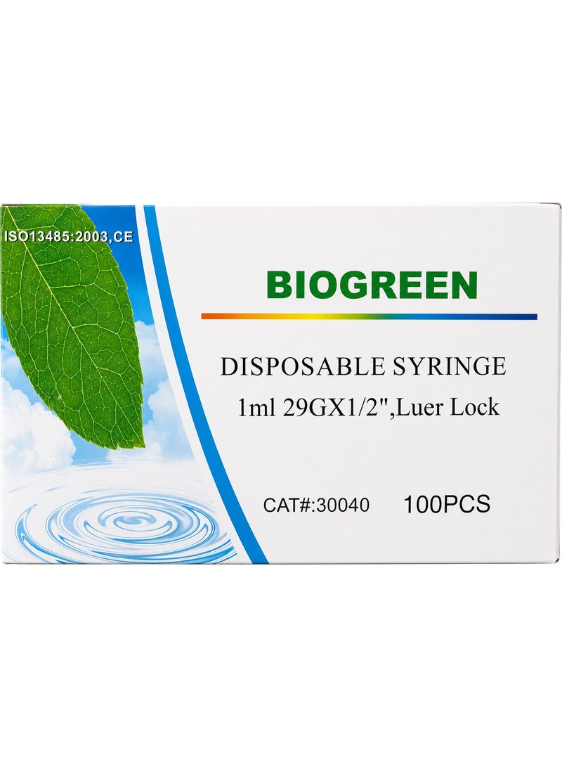 BioGreen 1mL Disposable Syringe with 29G × ½″ Needle – 100PCS