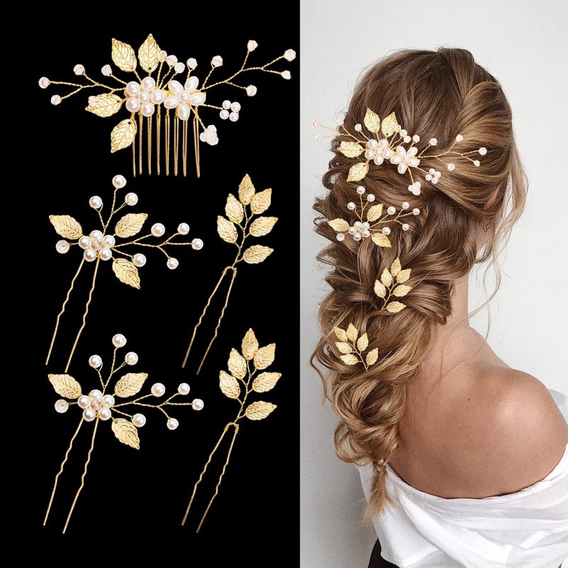 5 قطع دبابيس شعر العروس أوراق ذهبية كريستال لؤلؤة مشابك رأس إكسسوارات عتيقة للعروس وصديقات العروس وفتيات الزهور