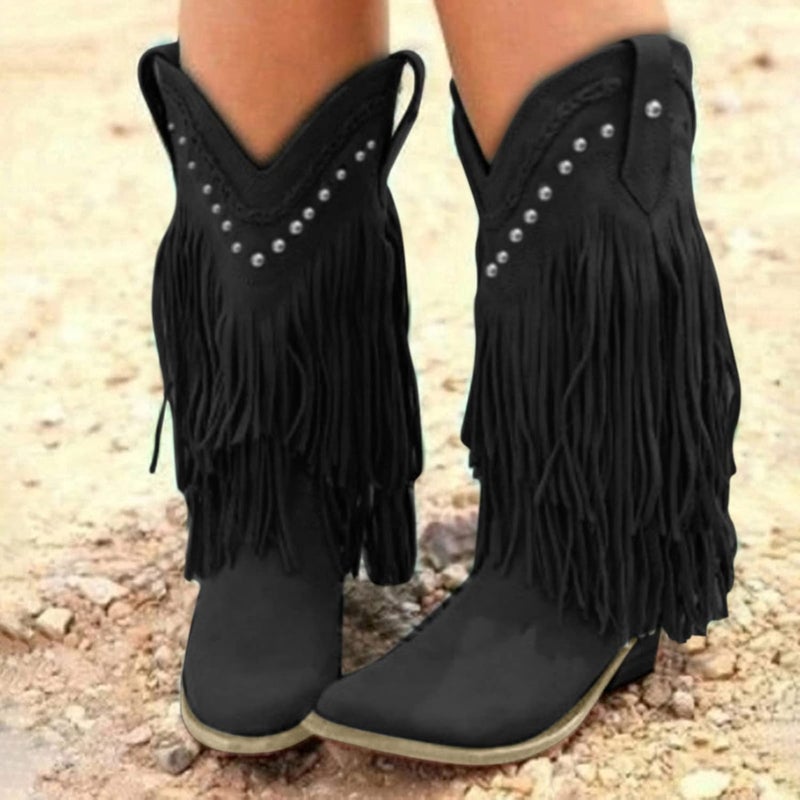 woobles Cowboy Boots for Women,Women Western Cowgirl Pointed Toe Mid-Calf Booties Ladies Fringe Chuncky Low Heels Slip On Boot Casual Walking Shoe (Black, 8) - Image 2