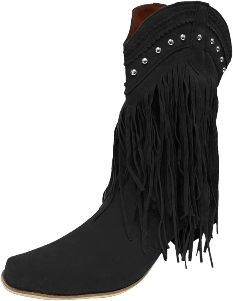 woobles Cowboy Boots for Women,Women Western Cowgirl Pointed Toe Mid-Calf Booties Ladies Fringe Chuncky Low Heels Slip On Boot Casual Walking Shoe (Black, 8) - Image 1