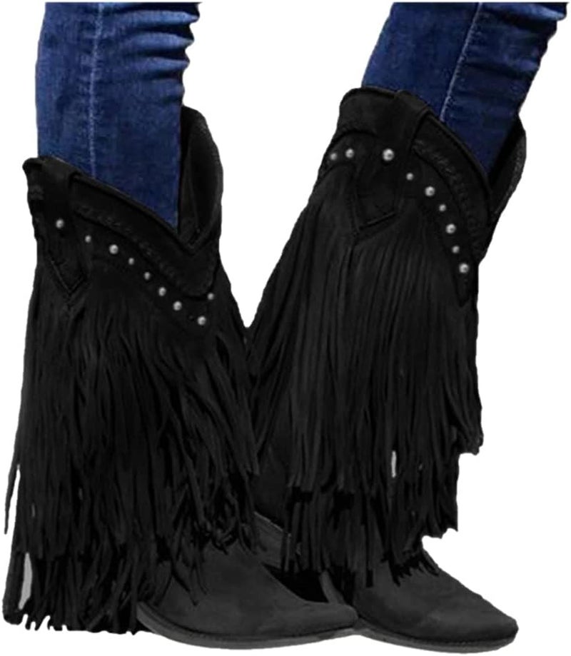 woobles Cowboy Boots for Women,Women Western Cowgirl Pointed Toe Mid-Calf Booties Ladies Fringe Chuncky Low Heels Slip On Boot Casual Walking Shoe (Black, 8) - Image 4