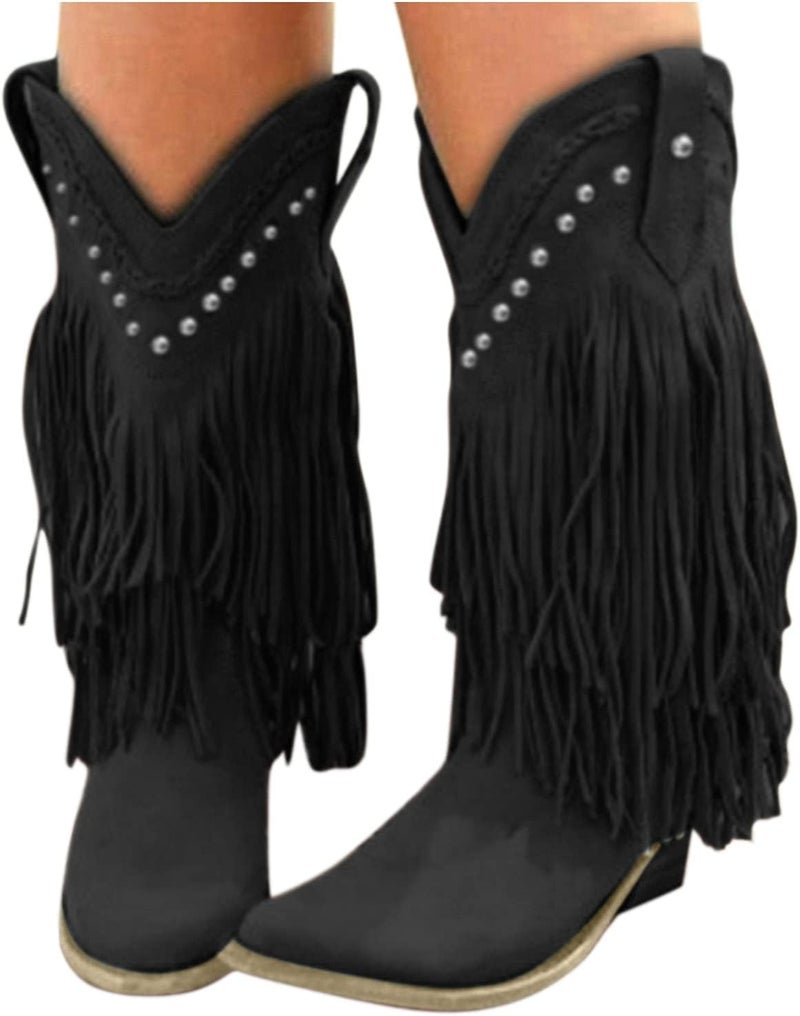 woobles Cowboy Boots for Women,Women Western Cowgirl Pointed Toe Mid-Calf Booties Ladies Fringe Chuncky Low Heels Slip On Boot Casual Walking Shoe (Black, 8) - Image 3