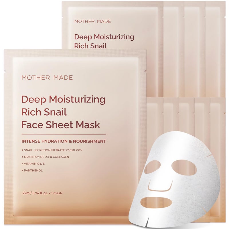 MOTHER MADE Glowing Glass Skin Hydrating Snail Deep Collagen Face Masks 10 EA, with Niacinamide 2%, Vitamin E, Facial Masks for Dry, Sensitive Skin, Kbeauty Essentials, Self Care, Korean Skincare - Image 1