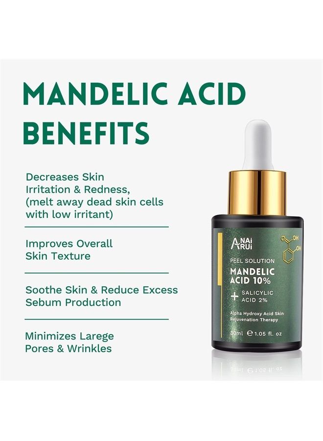 ANAI RUI حمض الماندليك 10% مع حمض الساليسيليك 2%، زيت شجرة الشاي، محلول تقشير البشرة AHA BHA، للبقع الداكنة، الرؤوس السوداء، المسام الواسعة، (1.FL.Oz) - Image 2