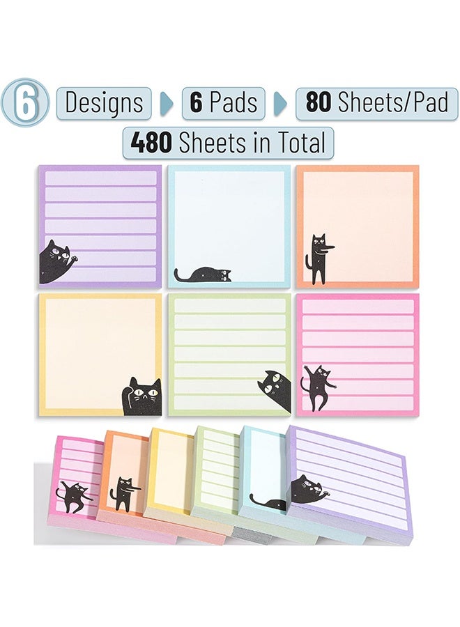 ملاحظات لاصقة، 3 × 3 بوصة، 6 وسادات، 480 ورقة، ملاحظات لاصقة على شكل قطة سوداء، دفتر ملاحظات قطة، مجموعة ملاحظات لاصقة - Image 2