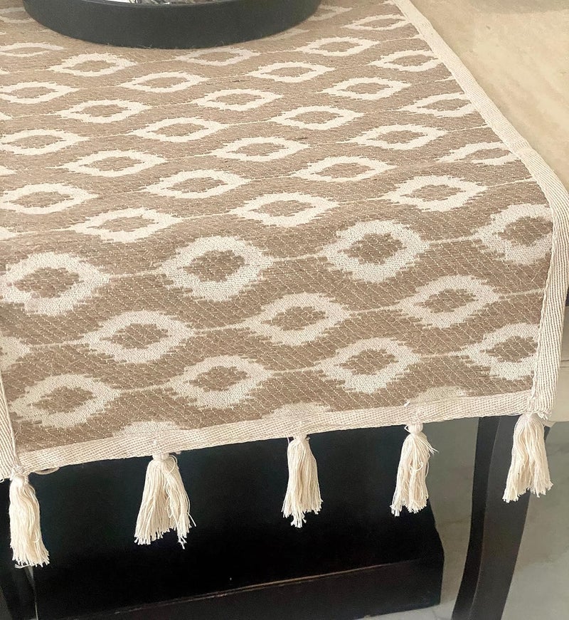 Teertha Teertha Hand Woven Handloom Cotton Table Runner with Tassels for 6 Seater Center Table Runner Size 13X72 Inches Fabric Cotton and Jute Brown
