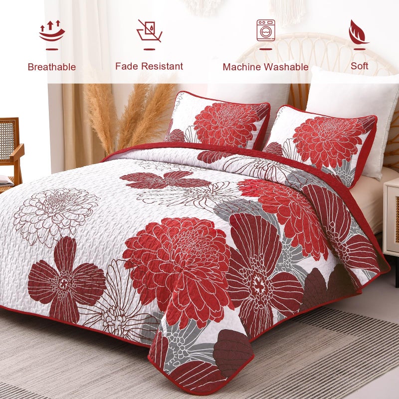 Anibedding Queen Quilt Sets Red Floral Pattern Quilt Bedding Set, 3 Pieces Botanical Quilt Soft Microfiber Bedspread Coverlet Set, Boho Bed Cover Bedding Set for All Season(96" x 90) - Image 4