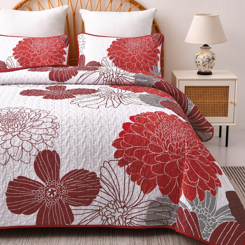 Anibedding Queen Quilt Sets Red Floral Pattern Quilt Bedding Set, 3 Pieces Botanical Quilt Soft Microfiber Bedspread Coverlet Set, Boho Bed Cover Bedding Set for All Season(96" x 90) - Image 1