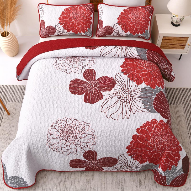 Anibedding Queen Quilt Sets Red Floral Pattern Quilt Bedding Set, 3 Pieces Botanical Quilt Soft Microfiber Bedspread Coverlet Set, Boho Bed Cover Bedding Set for All Season(96" x 90) - Image 3