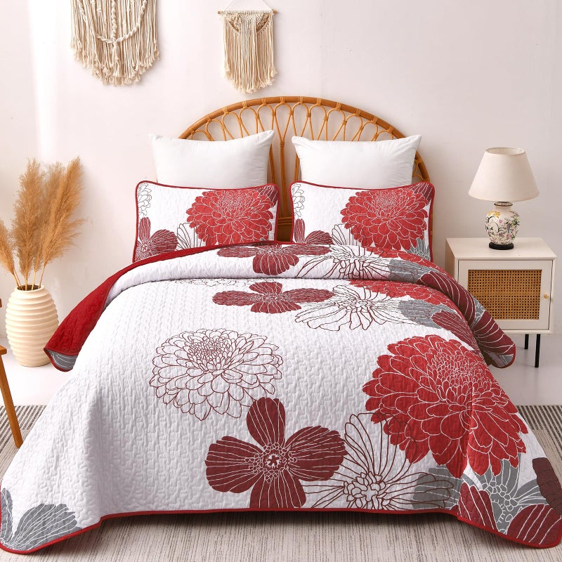 Anibedding Queen Quilt Sets Red Floral Pattern Quilt Bedding Set, 3 Pieces Botanical Quilt Soft Microfiber Bedspread Coverlet Set, Boho Bed Cover Bedding Set for All Season(96" x 90) - Image 2