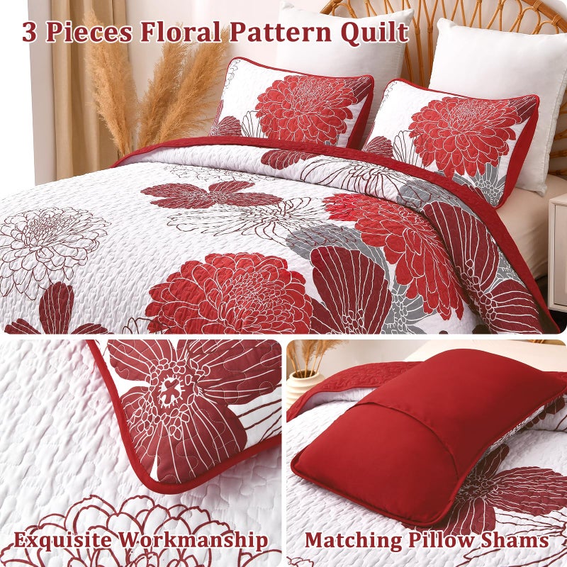Anibedding Queen Quilt Sets Red Floral Pattern Quilt Bedding Set, 3 Pieces Botanical Quilt Soft Microfiber Bedspread Coverlet Set, Boho Bed Cover Bedding Set for All Season(96" x 90) - Image 5